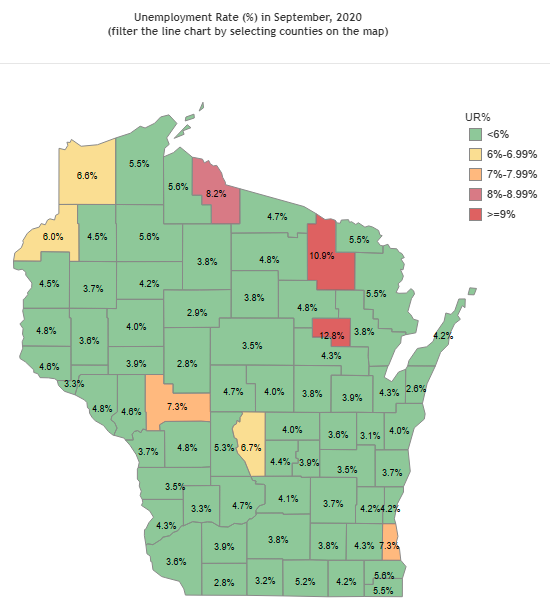 WI Unemployment Rate by County 09-2020